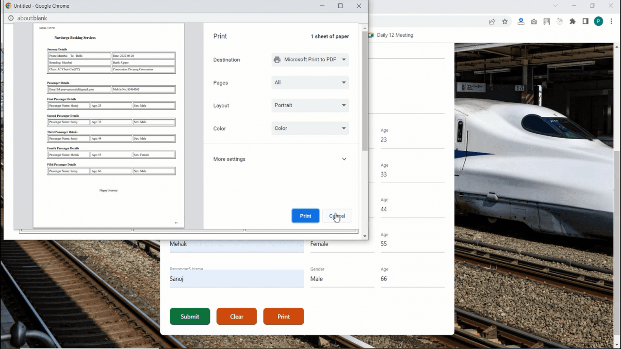 Railway Travel Booking Form Source Code in PHP Snapshot