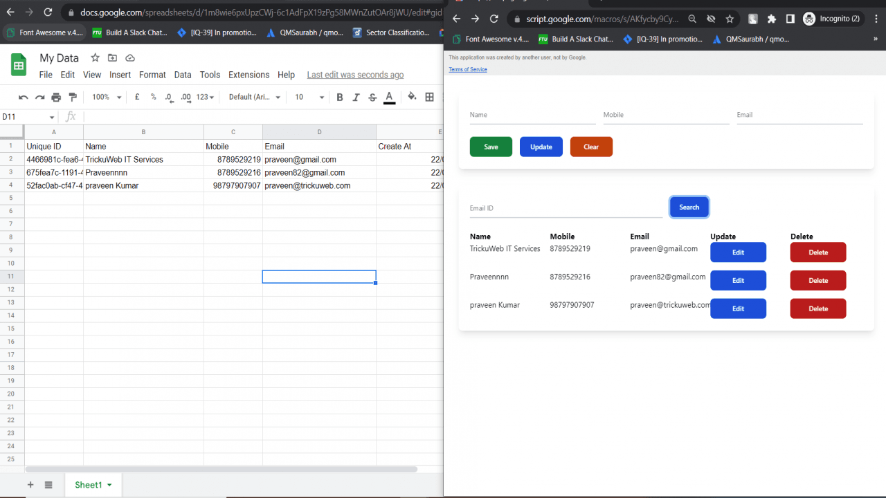 Add Edit Delete Search Data on HTML Form Using Google Excel Sheet Snapshot
