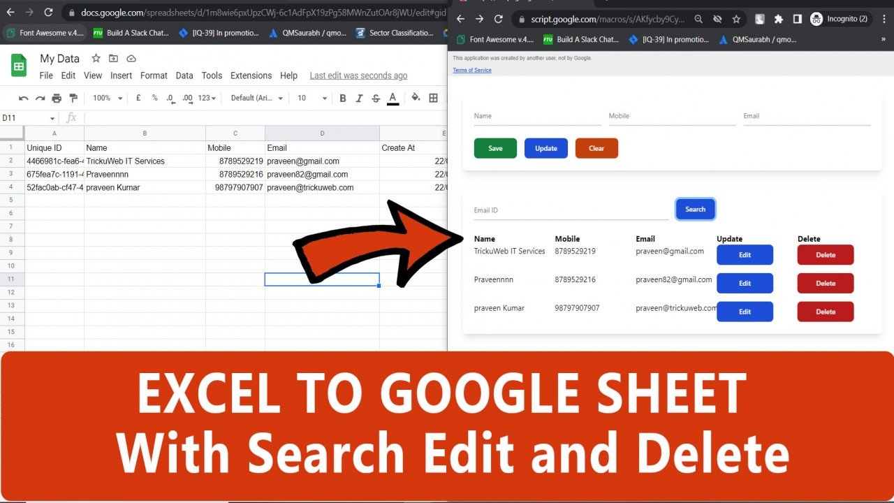 Add Edit Delete Search Data on HTML Form Using Google Excel Sheet